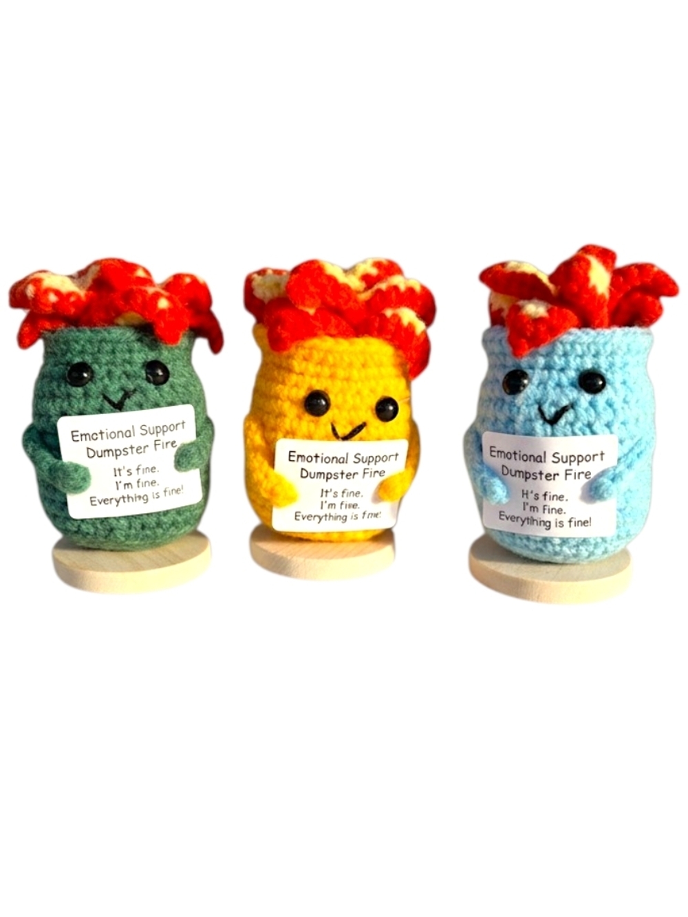 Funny Emotional Support Dumpster Fire Plush Set of 3 Crochet Stress Gift - Picture 2 of 4